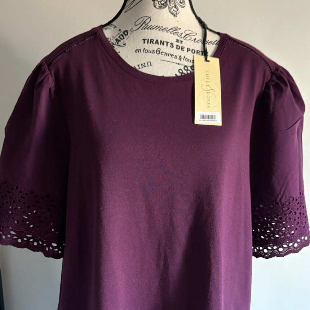 Love & Roses Berry Broderie Trim Tiered Sleeve T-Shirt Size 14